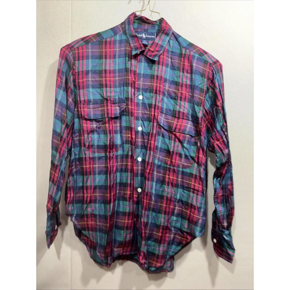 Ralph Lauren Womens L 100% Rayon Top Button Up Shirt Roll Tab Sleeve Plaid